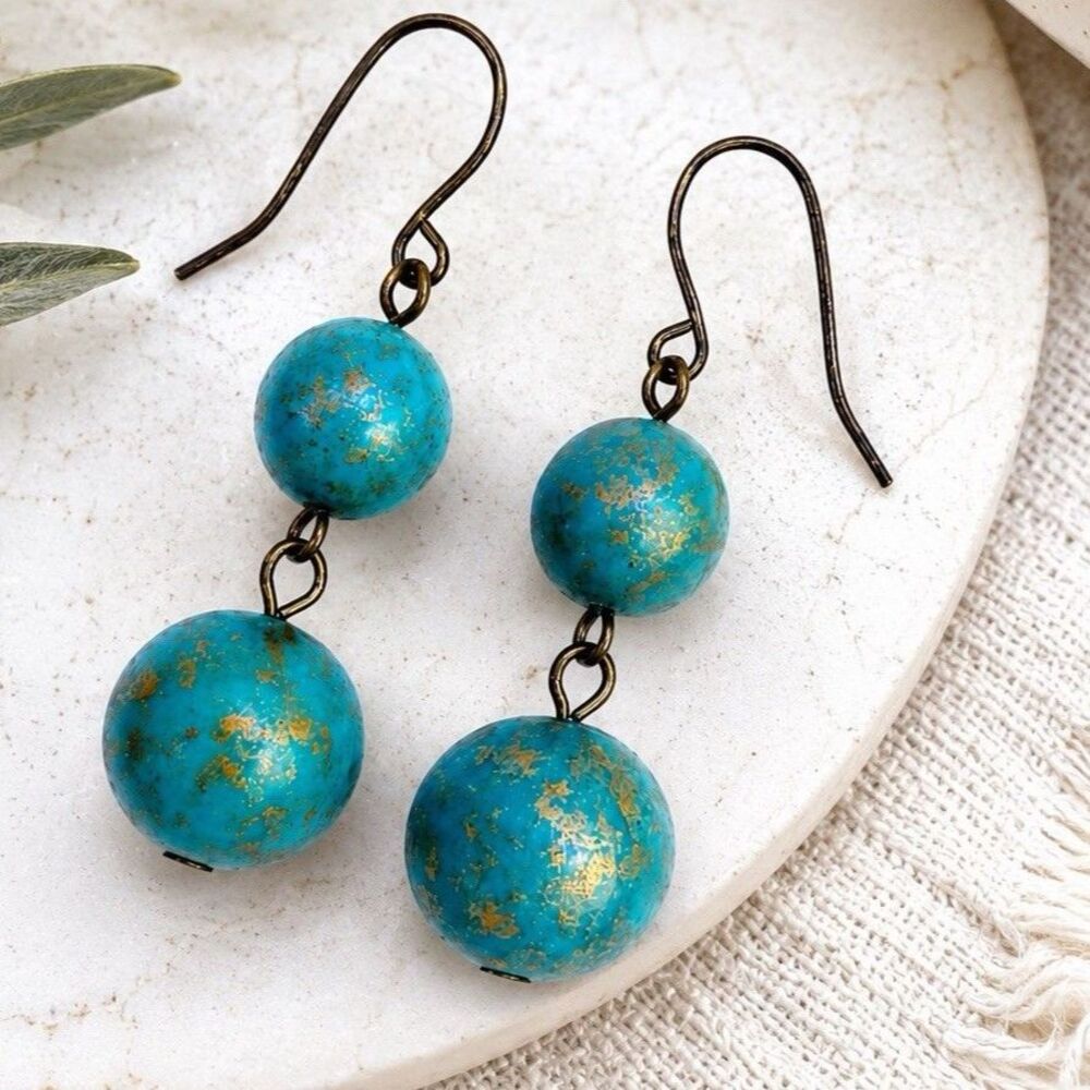 Vintage 1970s Blue Turquoise Bead Dangle Earrings Boho Gold Fleck Hook Drop